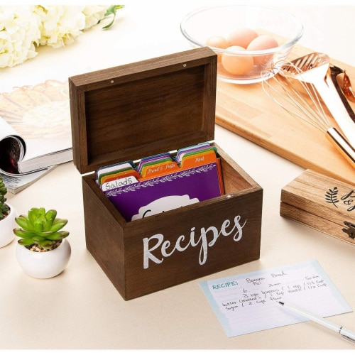 Juvale Wood Recipe Organization Box with Cards and Dividers, 7.1 x 5 x 4.7 Inches Perspective: top
