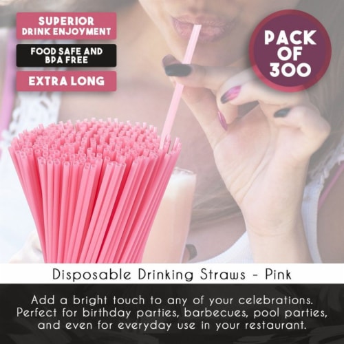300ct Plastic Pink Disposable Party Drinking Straws 10" Perspective: top