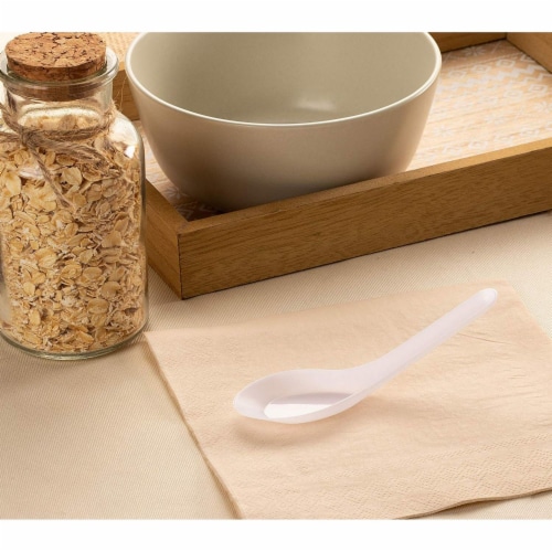 100-Pack Disposable Plastic Chinese Soup Spoons, White, 4.5 x 1.2 Inches Perspective: top