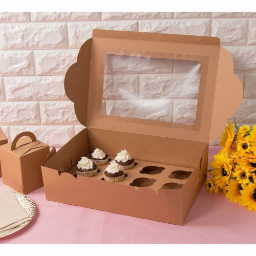 12-Pack Kraft Paper Cupcake Boxes Bakery Box with Display Window and Inserts Perspective: top