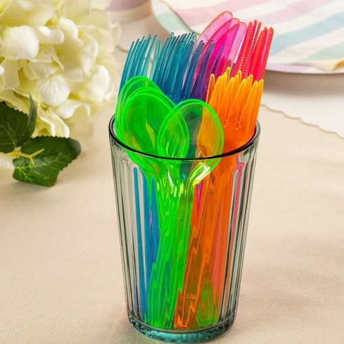 Plastic Silverware Set - 216-Piece Neon Cutlery in Green, Blue, and Pink Perspective: top