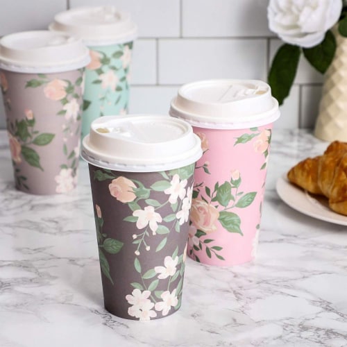 48 Pack Vintage Floral Paper Insulated Coffee Cups with Lids, 4 Designs, 16 Ounces Perspective: top
