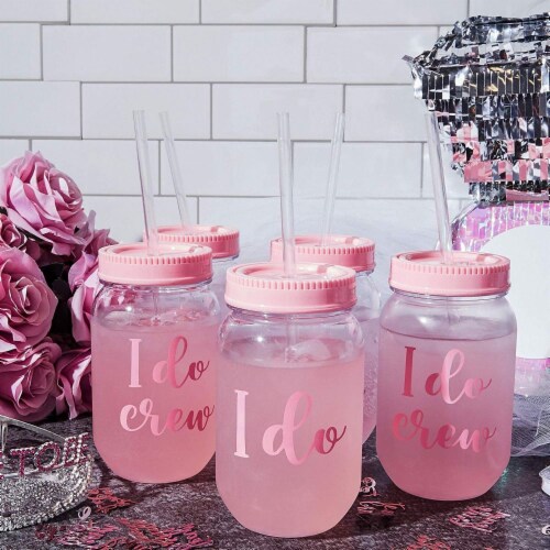 I Do Crew Plastic Mason Jars for Bachelorette Party, Bridal Shower (12 Pack) Perspective: top