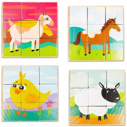 Wood Farm Animal Block Puzzles with Tray for Toddlers Kids (6 in 1), 6 Designs Perspective: top