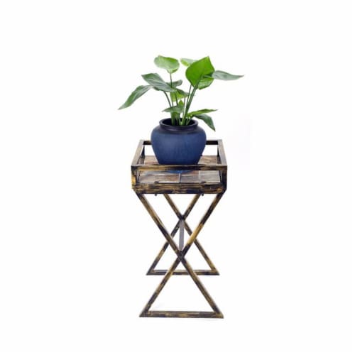 ORE International 27  Tall Gray Stone Slab Black and Gold Metal Plant Stand Perspective: top