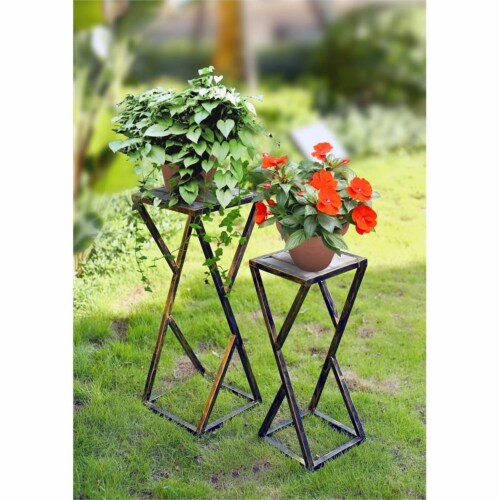 31.2 and 25.25 Tall Grey Stone Slab Black and Gold Plant StandMetal Perspective: top
