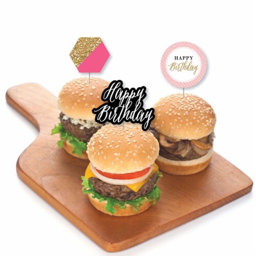 Big Dot of Happiness Chic Happy Birthday - Pink Black Gold Cupcake Toppers Treat Picks 24 Ct Perspective: top