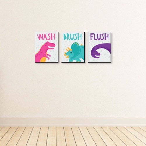 Big Dot of Happiness Roar Dinosaur Girl Wall Art 7.5 x 10 in Set of 3 Wash Brush Flush Perspective: top