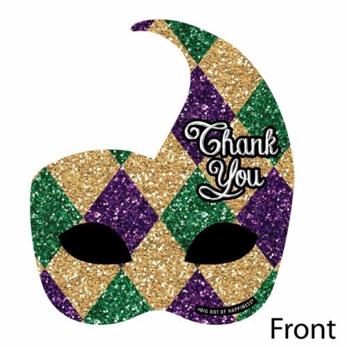 Big Dot of Happiness Mardi Gras - Masquerade Party Shaped Thank You Cards & Envelopes 12 Ct Perspective: top