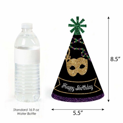 Big Dot of Happiness Mardi Gras - Cone Happy Birthday Party Hats - Set of 8 (Standard Size) Perspective: top