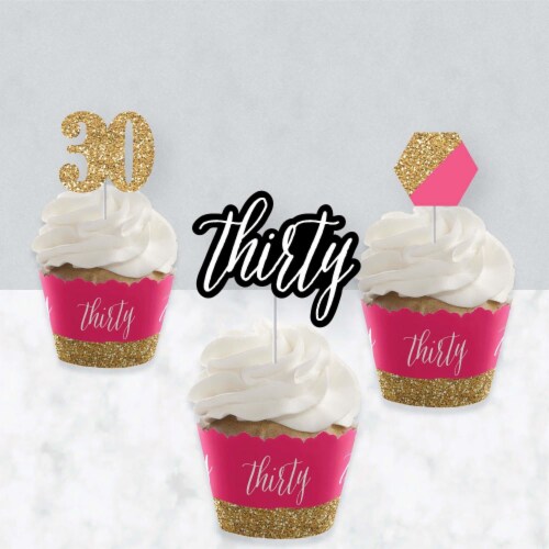 Big Dot of Happiness Chic 30th Birthday Pink & Gold Cupcake Wrappers & Treat Picks Kit 24 Ct Perspective: top