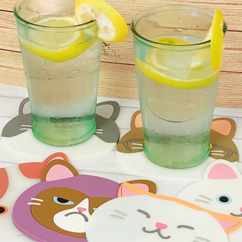 Wrapables Silicone Cute Cat Coasters for Glasses, Cups, and Drinks (Set of 6) Perspective: top