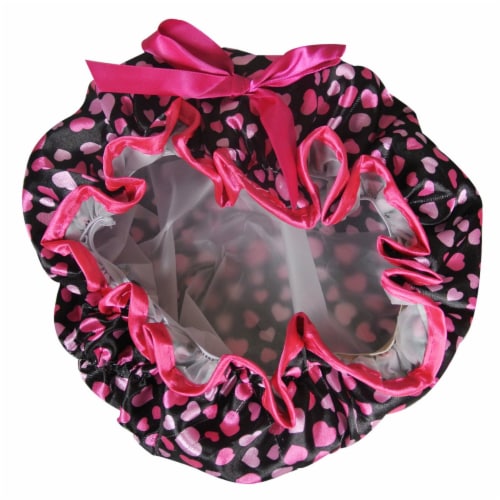 Kella Milla Stylish Satin Shower Cap, Hearts & Pink Bow Perspective: top