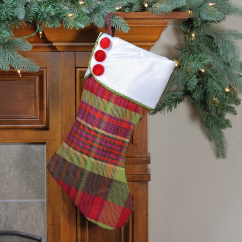 Northlight 19 Multi-Color Plaid Christmas Stocking with Green and Yellow Trim and Red Perspective: top