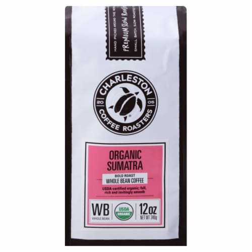 Charleston Coffee Roasters Sumatra Dark Roast Organic Whole Bean Coffee Perspective: top