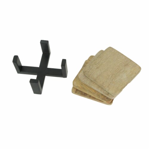 Set of 4 Wood Square Coasters Metal Holder Rustic Home Decor Drink Cup Accessory Perspective: top