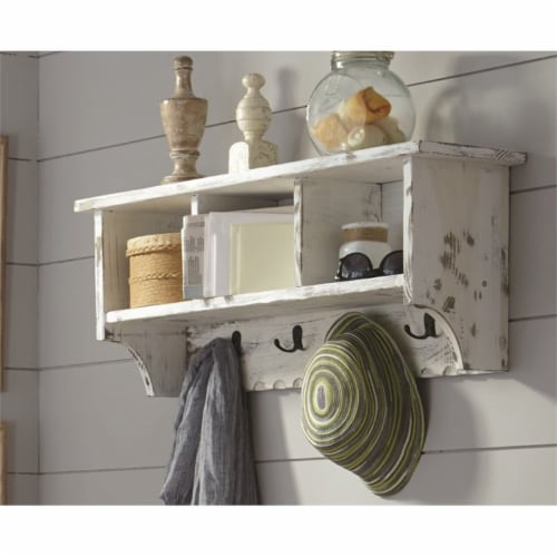 Alaterre Country Cottage Coat Hooks with Storage Cubbies in White Antique Finish Perspective: top