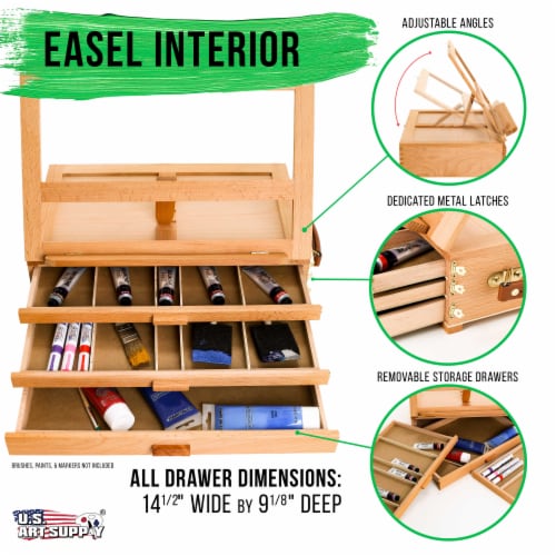 Grand Solana Adjustable Wooden 3-Drawer Storage Box Easel - Portable Wood Artist Desktop Case Perspective: top
