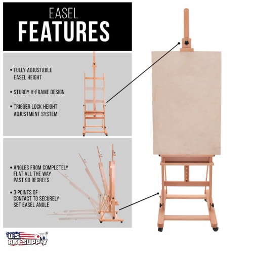 Medium Wooden H-Frame Studio Easel with Artist Storage Tray and Wheels - Adjusts to 96  High Perspective: top