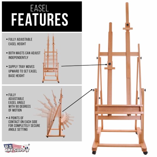 Medium Wooden H-Frame Studio Easel with Artist Storage Tray and Wheels -  Adjusts to 96 High, Easel - Kroger