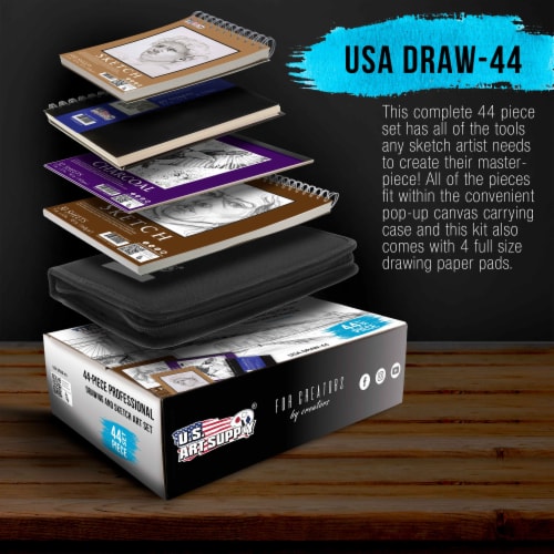 44-Piece Drawing & Sketching Art Set with 4 Sketch Pads - Graphite, Charcoal Pencils & Sticks Perspective: top