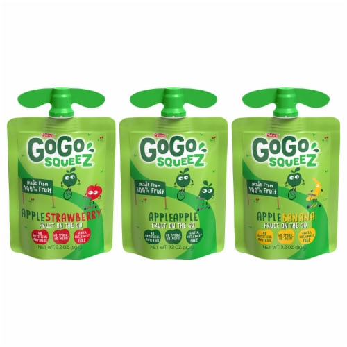 GoGo squeeZ Applesauce and Fruit Puree Apple Apple, Apple Strawberry, Apple Banana Snack Pouches Perspective: top