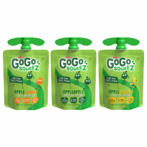 GoGo squeeZ Applesauce and Fruit Puree Apple Apple, Apple Banana, Apple Mango Snack Pouches Perspective: top