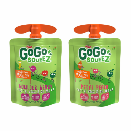 GoGo squeeZ Fruit & VeggieZ Applesauce Puree Variety Pack Boulder Berry, Pedal Peach Snack Pouches Perspective: top