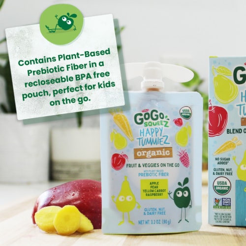 GoGo squeeZ Organic Apple Pear Yellow Carrot Raspberry Fruit & Veggies Pouches Perspective: top