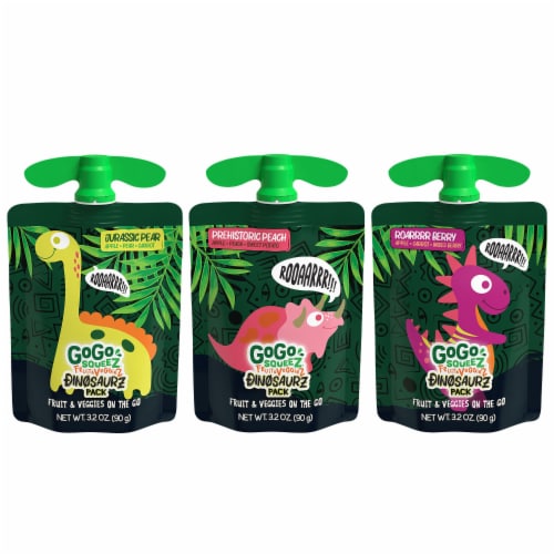 GoGo squeeZ® fruit & veggieZ Snack, Dino Variety Pack, Prehistoric Peach, Jurassic Pear, Roar Berry Perspective: top