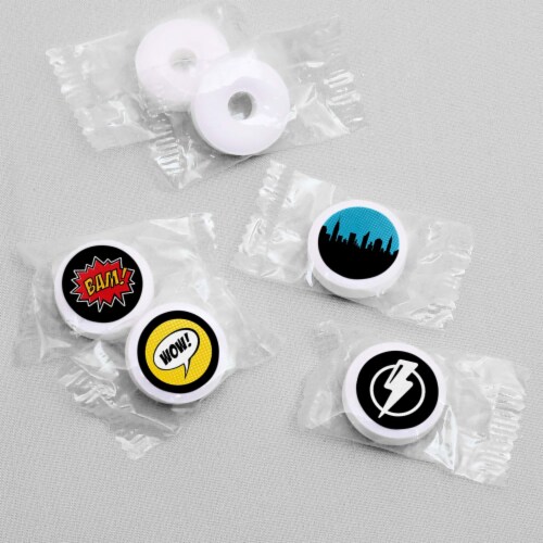 Big Dot of Happiness Bam Superhero - Party Round Candy Sticker Favors (1 Sheet of 108) Perspective: top