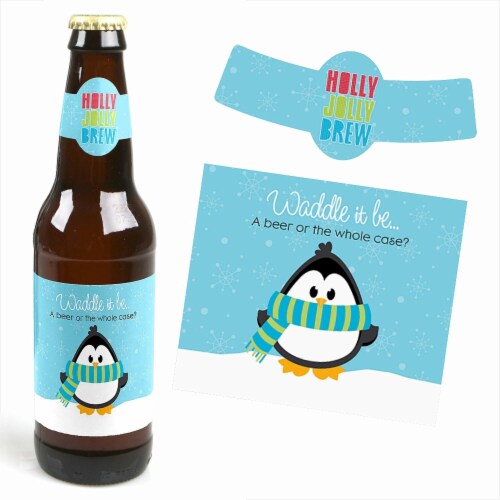Big Dot of Happiness Holly Jolly Penguin Holiday Christmas 6 Beer Bottle Labels & 1 Carrier Perspective: top