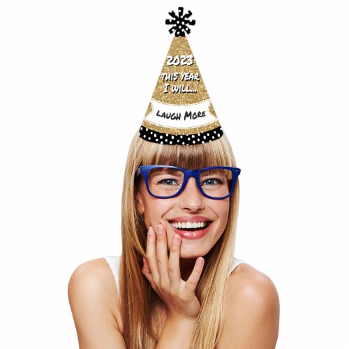 Big Dot of Happiness Pop, Fizz, Clink - Cone 2023 New Year's Eve Resolution Party Hats - 8 Ct Perspective: top