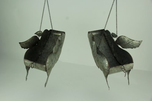 Galvanized Metal Flying Pig Hanging Planters Set of 2 Large Outdoor Décor Perspective: top