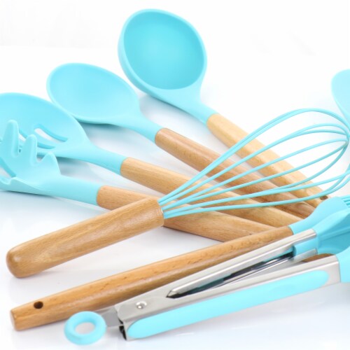 Light Teal Silicone and Wood Cooking Utensils (Set of 12)