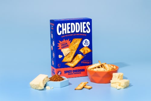 Cheddies® Spicy Cheddar Baked Cheesy Crackers Box Perspective: top