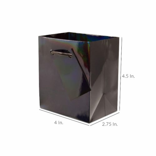 Extra Small Black Hologram Gift bags with Handles, Designer Solid Black Paper Gift Wrap Bags Perspective: top