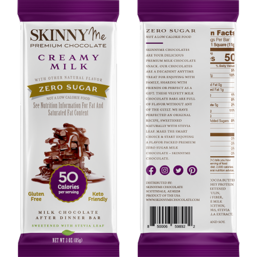 SkinnyMe Zero Sugar Creamy Milk Chocolate Bar Perspective: top