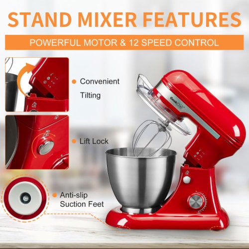 Geek Chef GSM45R Stainless Steel 4.8 Quart Bowl 12 Speed Baking Stand Mixer, Red Perspective: top