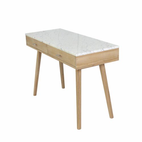 Viola 44  Rectangular Italian Carrara White Marble Writing Desk with Oak Legs Perspective: top