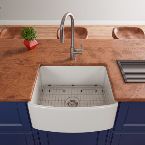 ALFI Brand ABFC2420-W White  Curved Apron 24  x 20  Single Bowl Fireclay Farm Sink with Grid Perspective: top