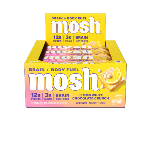 Mosh® Lemon White Chocolate Crunch Brain + Body Fuel Protein Bar Perspective: top