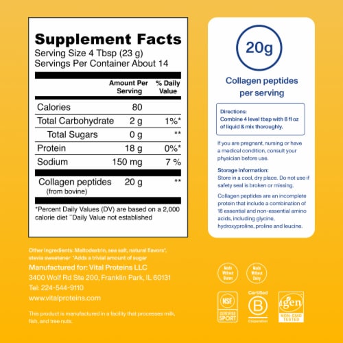 Vital Proteins Collagen Peptides for Skin, Hair, Nail & Joint Support 20g Collagen Vanilla Powder Perspective: top