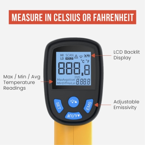 Infrared Thermometer, Backlit LCD Display, -58℉～1022℉ (-50℃～550