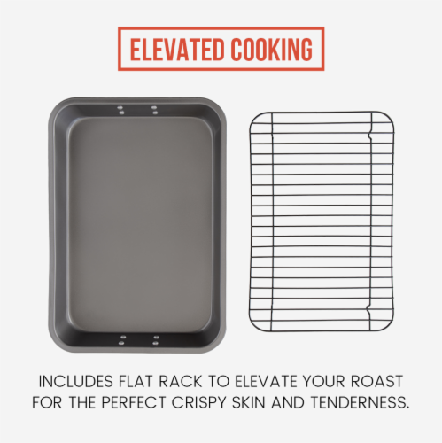Chef Pomodoro Nonstick Carbon Steel Roasting Pan Roaster with Flat Rack, 16 x 11-Inch, Large, Perspective: top