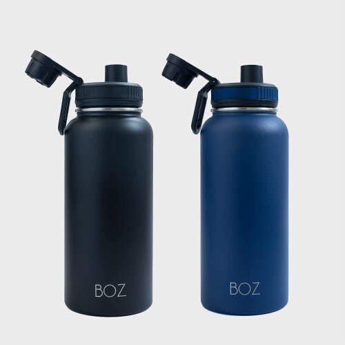 BOZ Stainless Steel Water Bottle XL - Two-Pack Bundle, Blue / Black, (1 L / 34oz) Wide Mouth Perspective: top