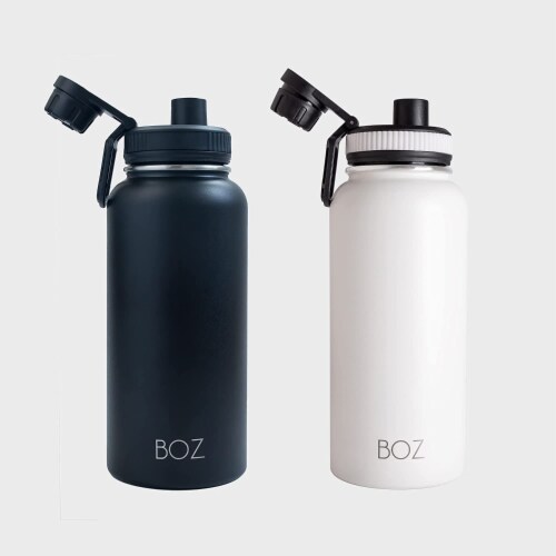 BOZ Stainless Steel Water Bottle XL - Two-Pack Bundle, Black / White, (1 L / 34oz) Wide Mouth Perspective: top