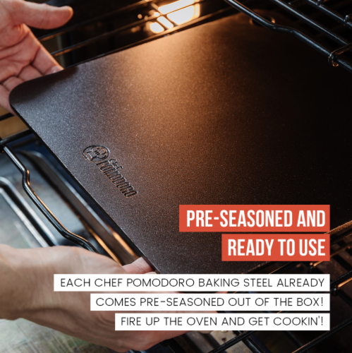 Chef Pomodoro Pizza Steel for Oven or BBQ Grill, Pre-seasoned Baking Steel, High Quality and Perspective: top