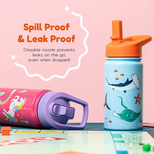 BOZ Kids Insulated Water Bottle with Straw Lid, Stainless Steel Double Wall Water Cup-Shark Perspective: top