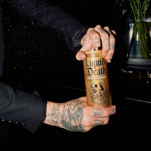 Liquid Death® Mango Chainsaw Flavored Sparkling Water Cans Perspective: top